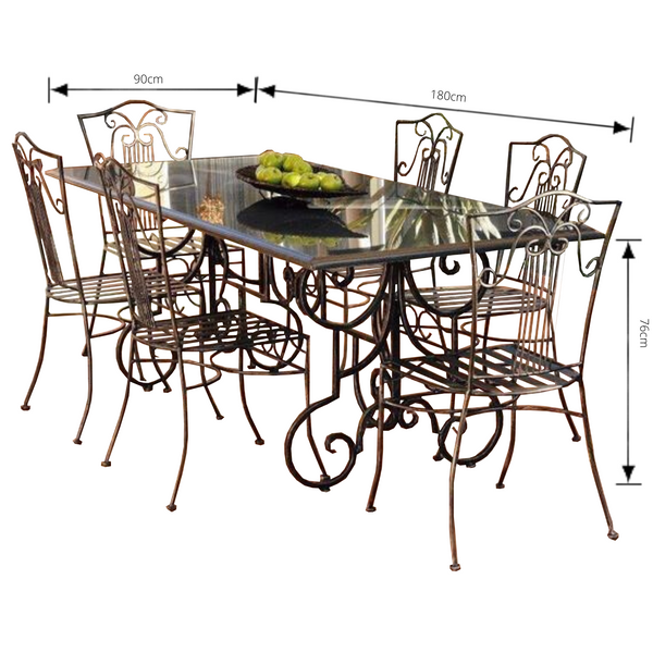 Outdoor Dining setting made from natural stone- Granite, 6 wrought iron dining chairs- Sophie style and solid iron table base. Pictured with dimensions