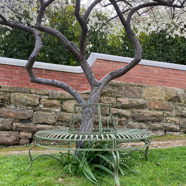 Tree Surround with Bench - Distressed Green Finish, Heavy Gauge Iron