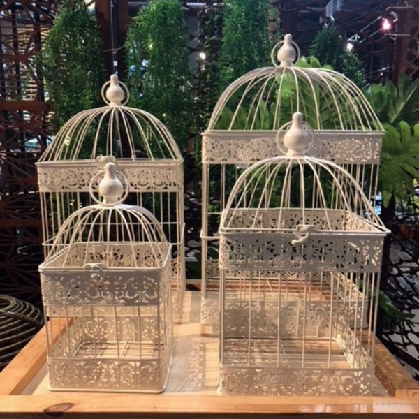 Bird Cages Square Set 4 Cream Hanging Metal Steel Wedding Flower Plant Holder Garden Decor