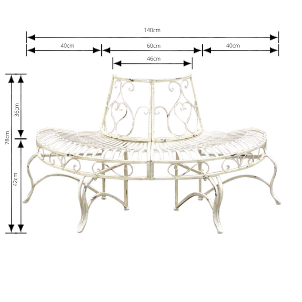 Tree surround in distressed antique white finish, made from sturdy metal. Pictured with dimensions