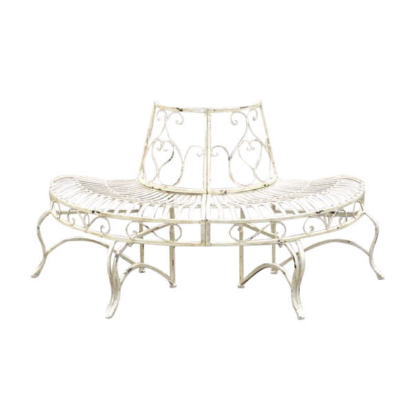 Tree surround half, with bench, in distressed white finish, made from sturdy metal