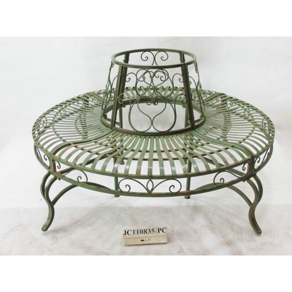 Tree surround with bench seat in distressed green & rust finish, made from sturdy metal