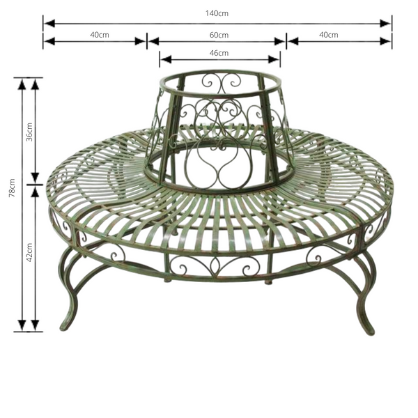 Tree surround with bench seat in distressed green & rust finish, made from sturdy metal. Pictured with dimensions