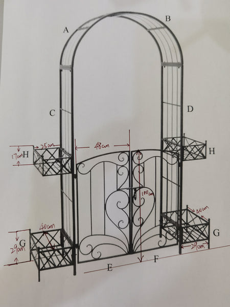 Arch Metal with Gate and Planters in Rustic Brown 162x40x221cm