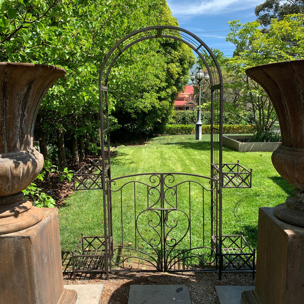 Arch Metal with Gate and Planters in Rustic Brown 162x40x221cm