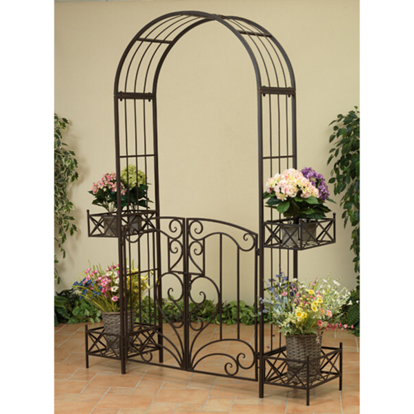 Arch Metal with Gate and Planters in Rustic Brown 162x40x221cm