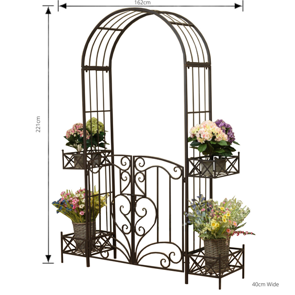 Arch Metal with Gate and Planters in Rustic Brown 162x40x221cm