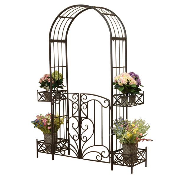 Arch Metal with Gate and Planters in Rustic Brown 162x40x221cm