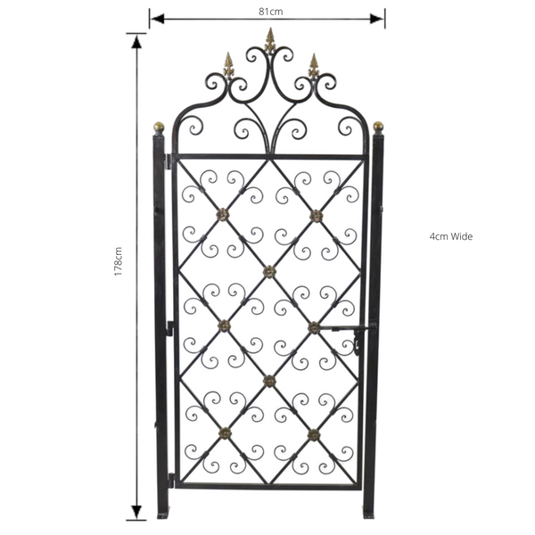 Garden Gate, Metal Decorative Ornamental Single with Posts with dimensions