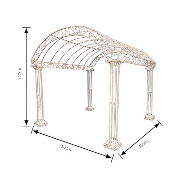 Outdoor Garden Arbour, Gazebo, Arch 3m x 3m made in rusty finish. Pictured with dimensions