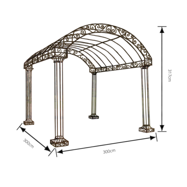 Outdoor Garden Arbour, Gazebo, Arch 3m x 3m made in rusty finish. Pictured with dimensions