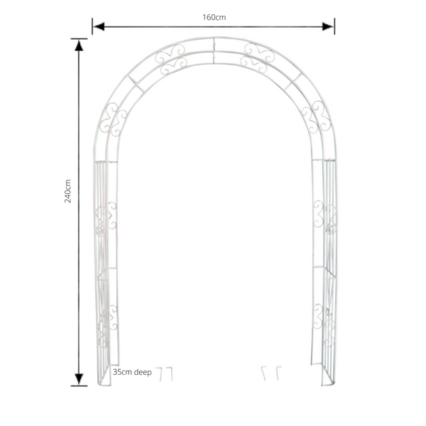 Wide metal garden arch in distressed cream with measurements