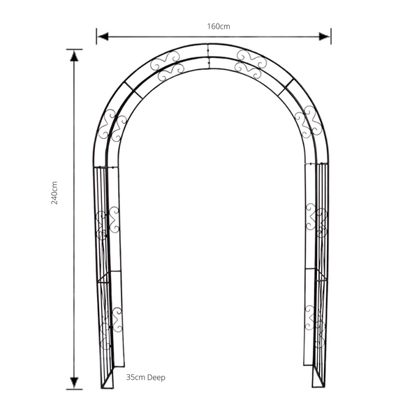 Wide metal garden arch in Rusty Brown with measurements