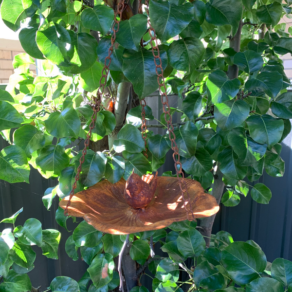 Birdfeeder Hanging Petal Tray with Bird Rust 25x25x47cms