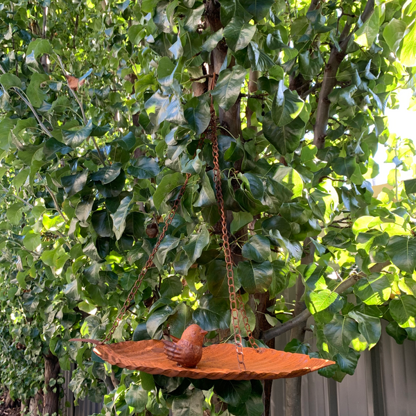 Birdfeeder Hanging Leaf with Bird Rust 45x21x58cm