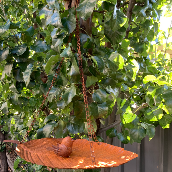 Birdfeeder Hanging Leaf with Bird Rust 45x21x58cm