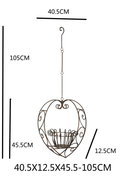 Wrought Iron Hanging Heart Pot Plant Medium Rustic Brown, Candle Holder