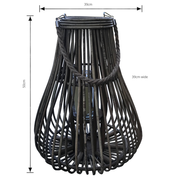 Rattan/Cane Lantern Candle Holder - Teardrop  with dimensions