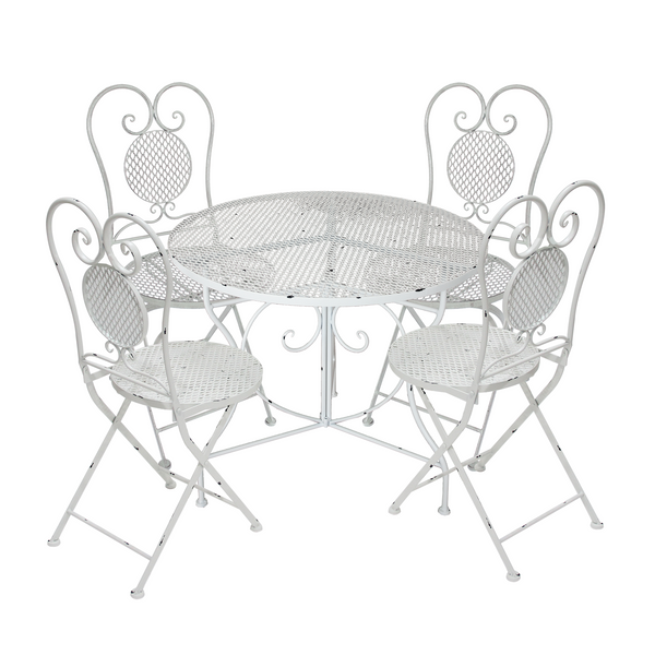 Patio Setting French Provincial look in Shabby Chic White Metal 5 Piece Novara 80cm table