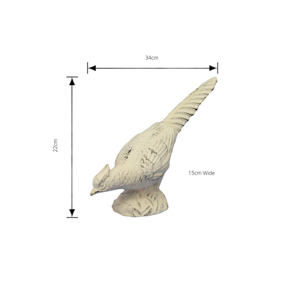 cast iron pheasant with head down antique white finish with dimensions