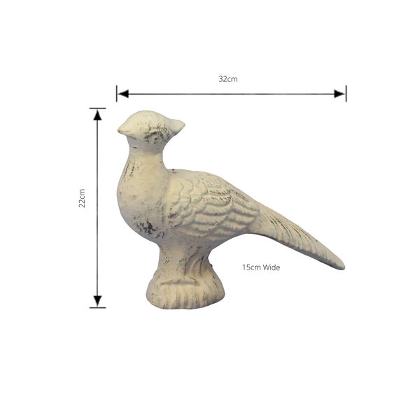 cast iron pheasant with head up antique white finish with dimensions