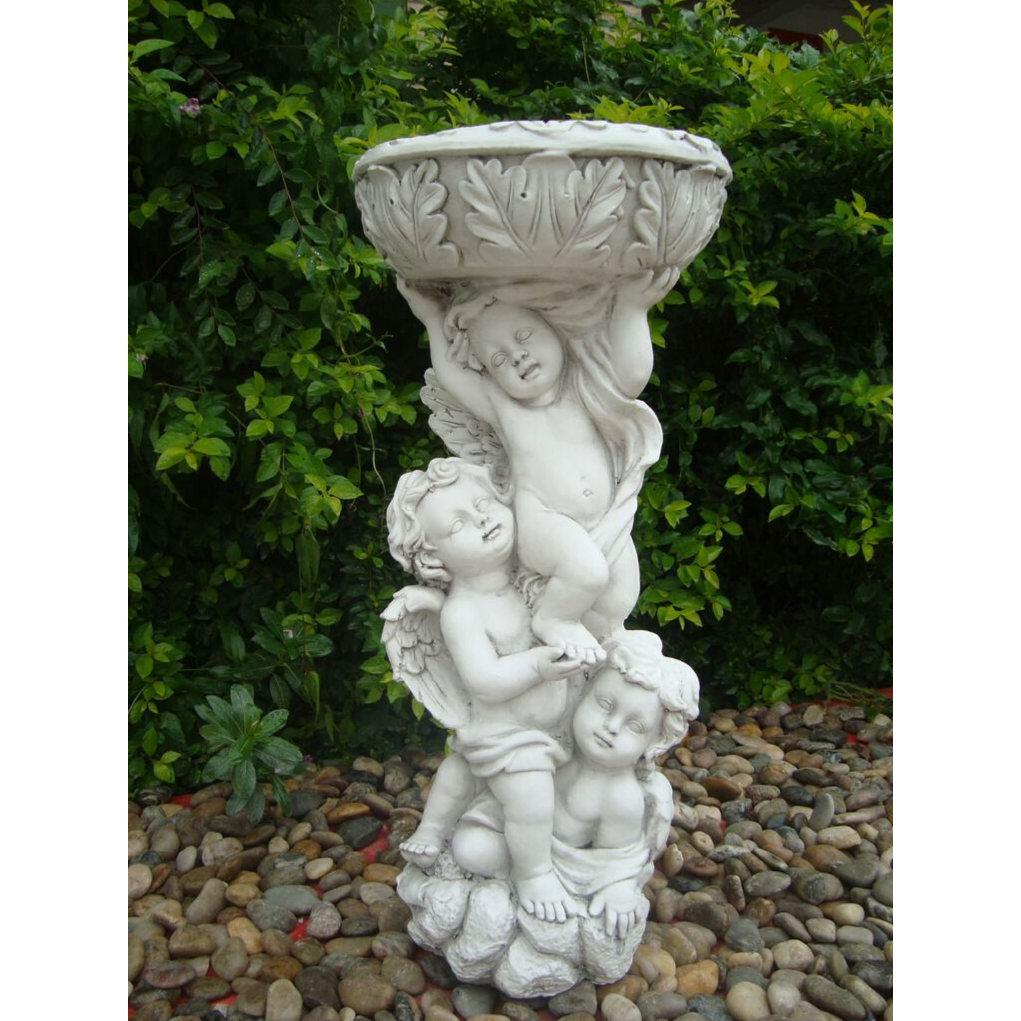 Statue - 3 Angel Cherub Flower Pot Bird Feeder in garden