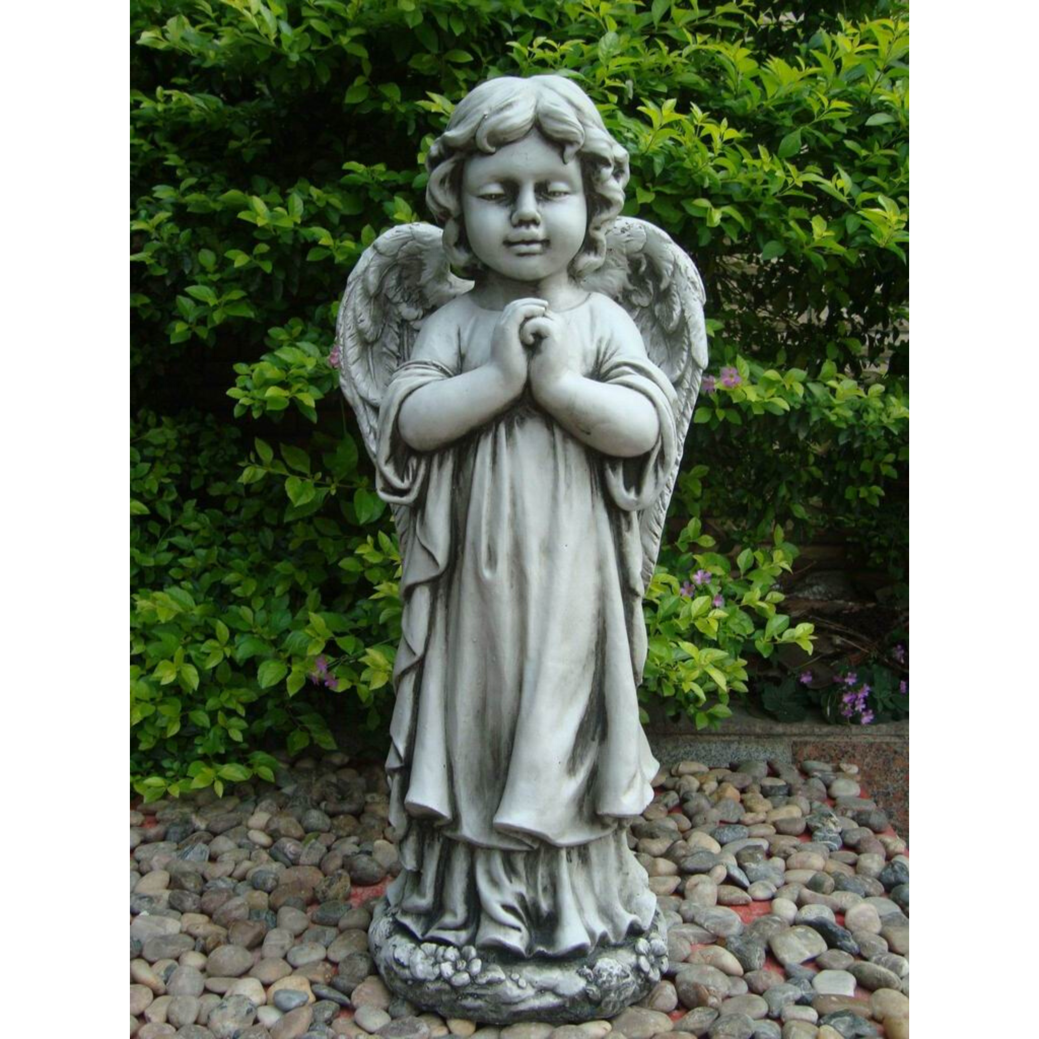 Statue - Angel Cherub Girl w Wing Praying Sculpture in the garden