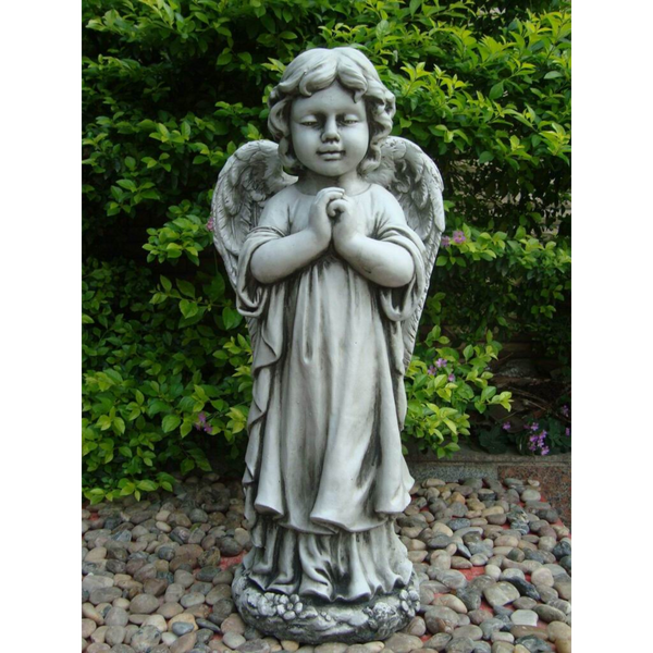 Statue - Angel Cherub Girl w Wing Praying Sculpture in the garden