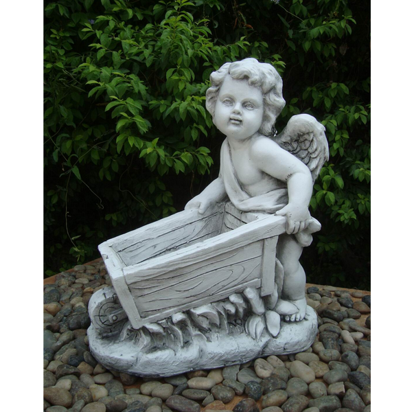 Statue Angel Cherub Wheelbarrow Cart Planter Sculpture Figurine Ornament Feature Garden Decor 43X25X52cm