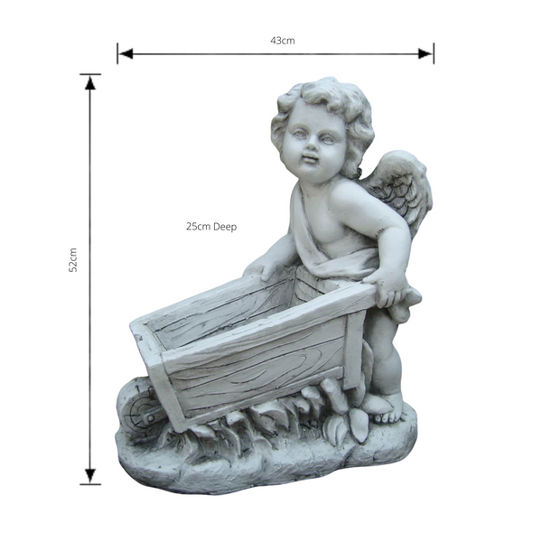 Statue Angel Cherub Wheelbarrow Cart Planter Sculpture Figurine Ornament Feature Garden Decor 43X25X52cm
