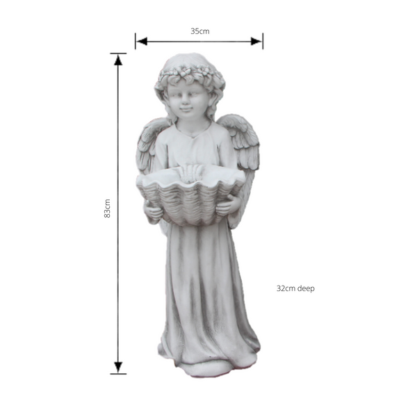 Statue - Angel Cherub w Shell Bird Feeder Bath Sculpture with dimensions
