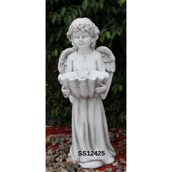 Statue - Angel Cherub w Shell Bird Feeder Bath Sculpture in the garden