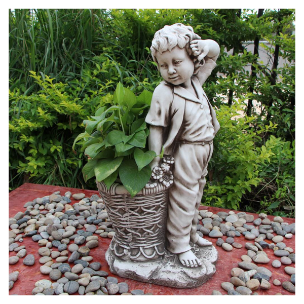 Statue Boy Flowerpot Planter Sculpture Figurine Ornament Feature Garden Decor 36X24X69cm