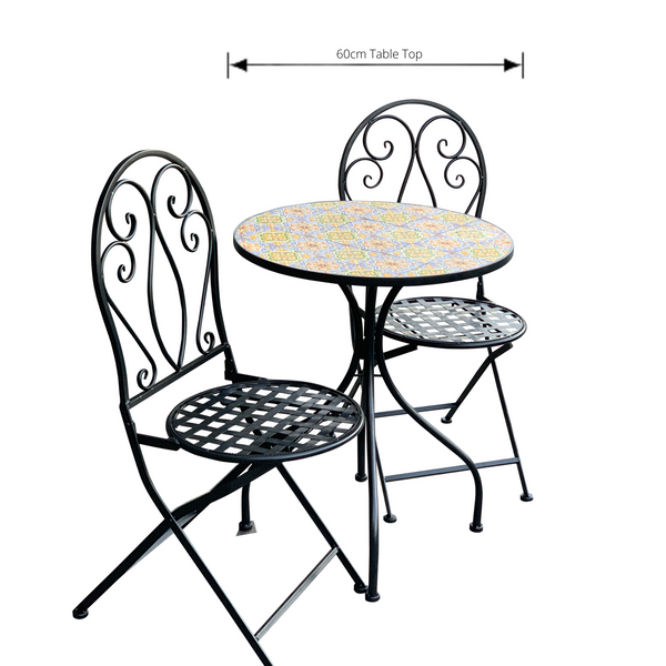 Patio Setting - Mosaic Sicily, Metal 3 Piece Outdoor Setting with dimensions