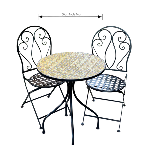 Patio Setting - Mosaic Tuscan, Metal 3 Piece Outdoor Setting with dimensions