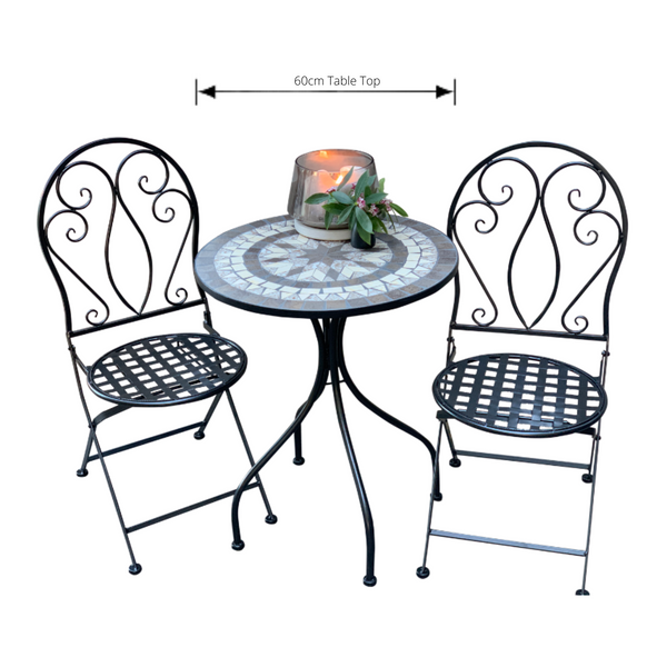 Patio Setting - Mosaic Venice, Metal 3 Piece Outdoor Setting with dimensions