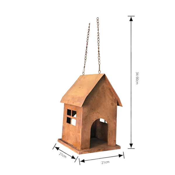 Hanging Birdhouse or birdfeeder in rusty metal with dimensions