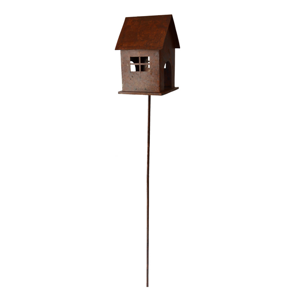 birdfeeder or birdhouse in rusty finish on a stake for the garden