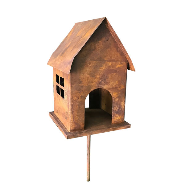 Birdhouse on stake made from rusty metal