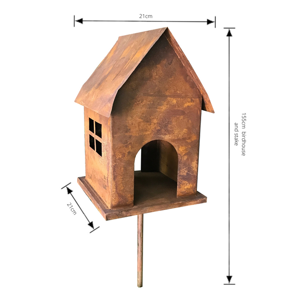 birdfeeder or birdhouse in rusty finish on a stake for the garden with dimensions