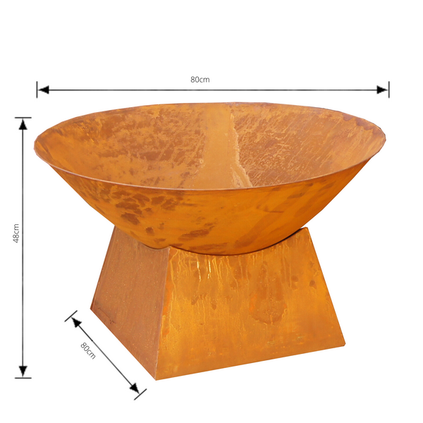 rusty metal fire bowl with plain base with dimensions