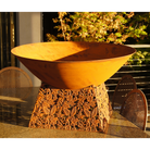 rusty metal fire bowl with laser cut base