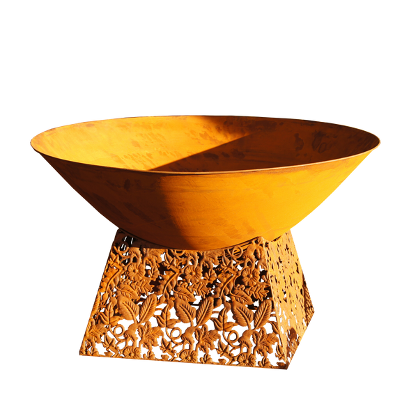 rusty metal fire bowl with laser cut base