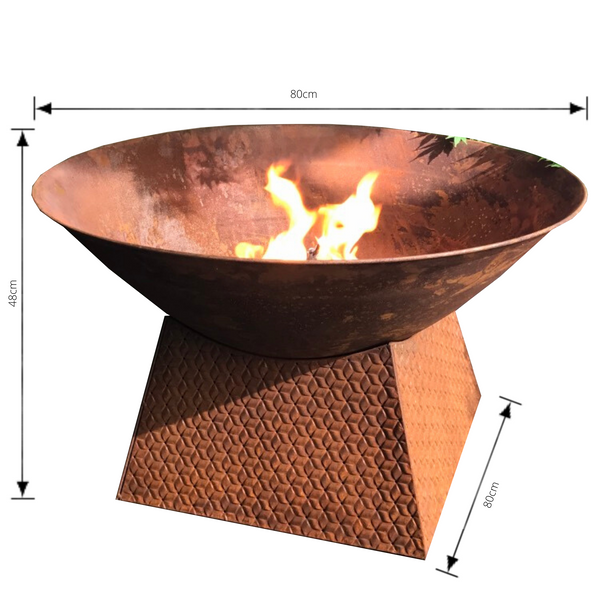rusty metal fire bowl with weave base with dimensions