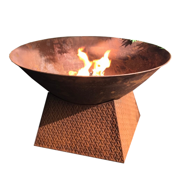 rusty metal fire bowl with weave base