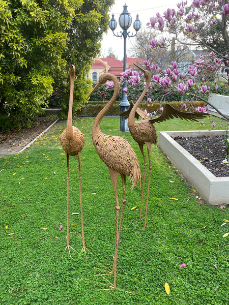 SET of 3, Outdoor Metal Cranes Head Up, Down & with Wings Garden Statue