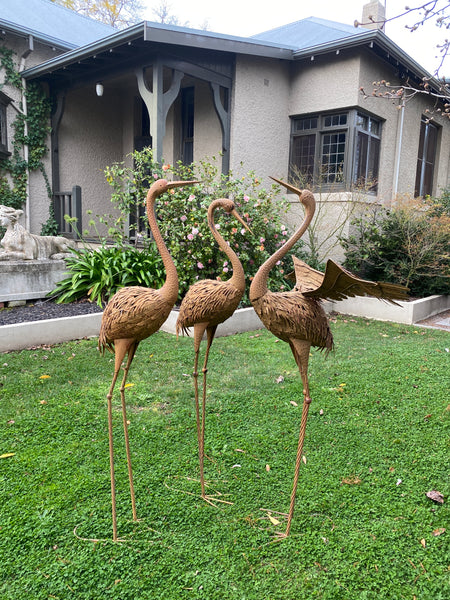 SET of 3, Outdoor Metal Cranes Head Up, Down & with Wings Garden Statue