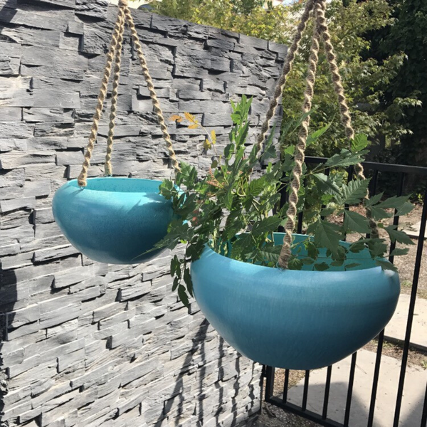 Set of 2 Indoor/Outdoor Metal Hanging Pot Planter with Rope - Aqua in garden