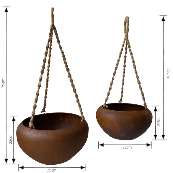 Set of 2 Indoor/Outdoor Metal Hanging Pot Planter with Rope - Rustic