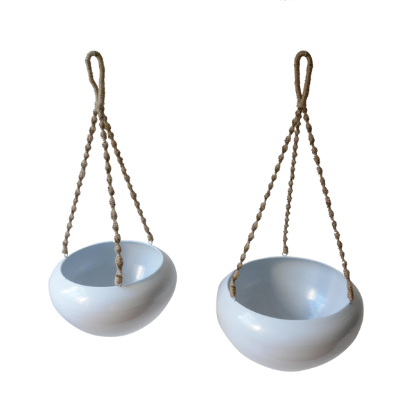 Set of 2 Indoor/Outdoor Metal Hanging Pot Planter with Rope - White 